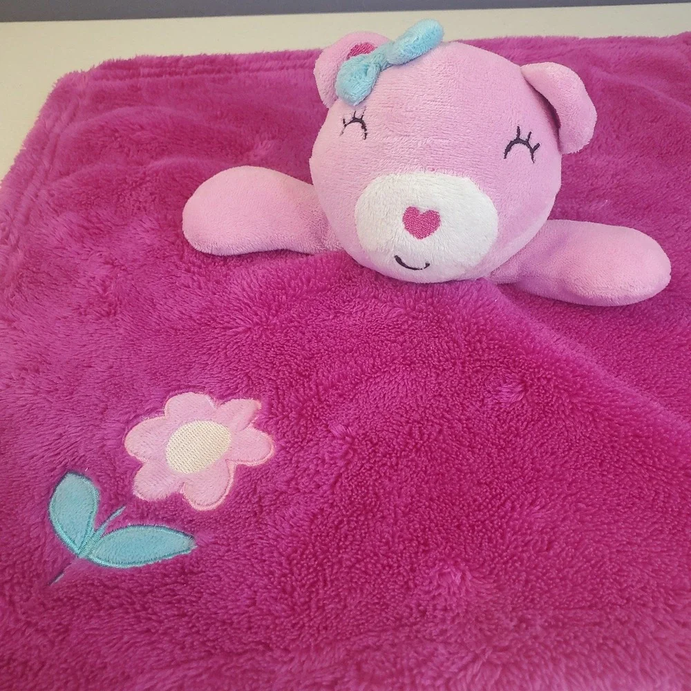 BABY GEAR Pink Teddy Bear Fuchsia Security Blanket Lovey Flower Soft Fleece 15